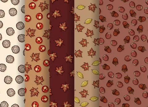 Set of autumn seamless patterns. Collection of leaves and fall elements decor 스톡 일러스트