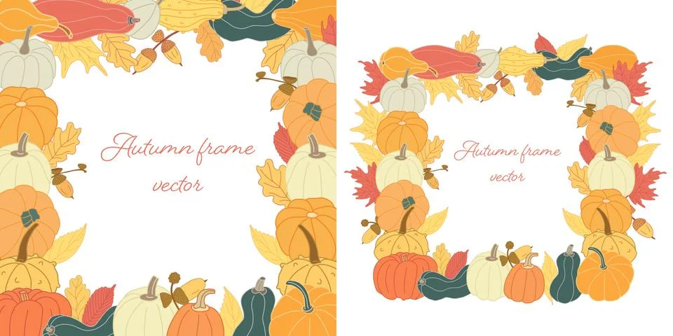 Set with Autumn square frames with pumpkins, acorns and colorful leaves. Stock Illustration