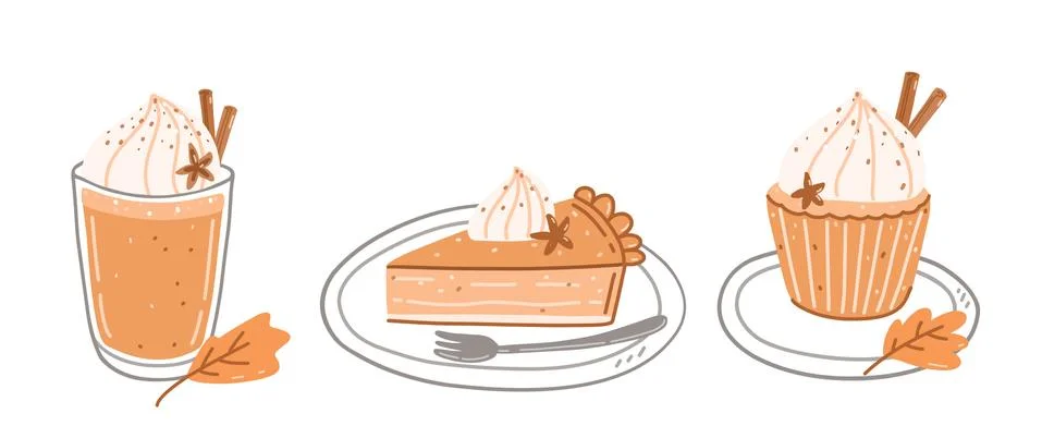Set of autumn sweets - pumpkin spice latte, piece of pumpkin pie and cupcake Stock Illustration