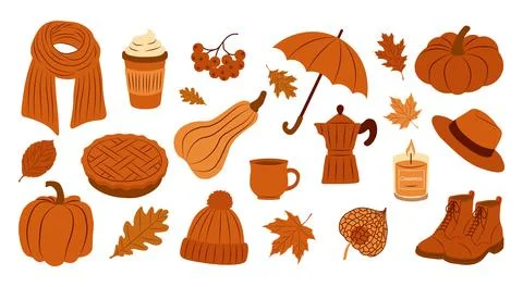 Set of autumn themed cozy elements. Perfect for fall designs, Thanksgiving .. 스톡 일러스트
