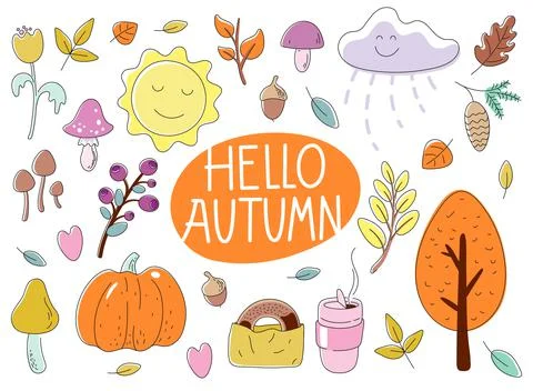 Set of autumn things with banner hello autumn Stock Illustration