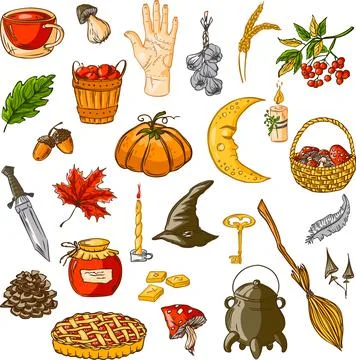 Set autumn vector elements. Hand drawn illustration. Mystical rural autumn Illustrazione stock