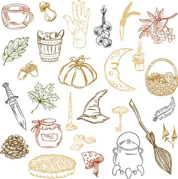Set autumn vector elements. Outline hand drawn illustration. Mystical autumn 스톡 일러스트