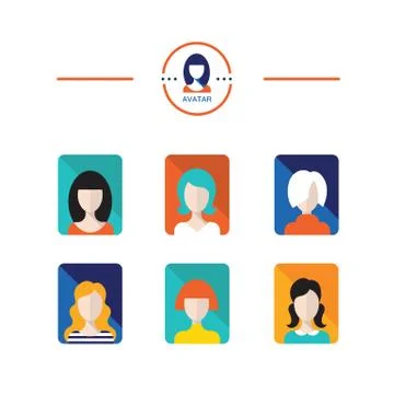 Set of avatar flat design icons. Woman and girl faces Stock Illustration