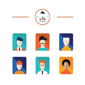 Set of avatar flat design icons. Young man and male faces Stock Illustration
