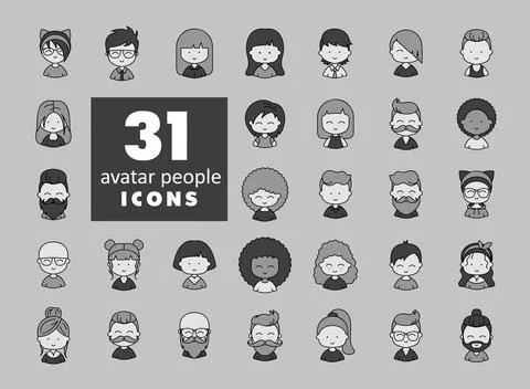 Set of avatar related vector grayscale icons Stock Illustration