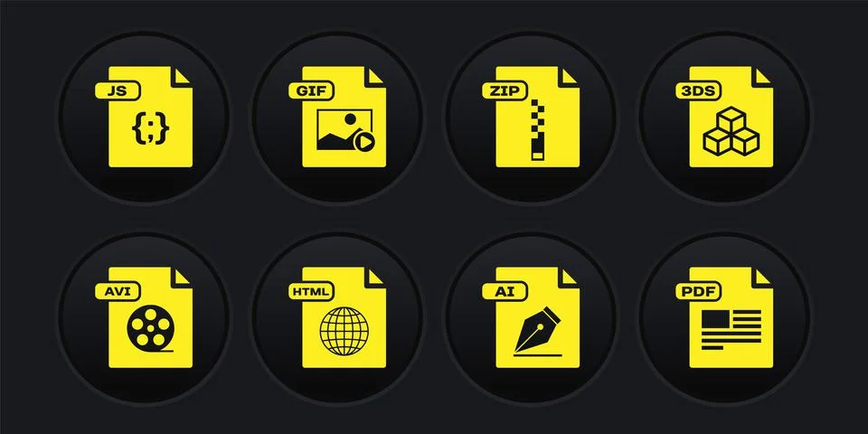 Set AVI file document, 3DS, HTML, AI, ZIP, GIF, PDF and JS icon. Vector 스톡 일러스트