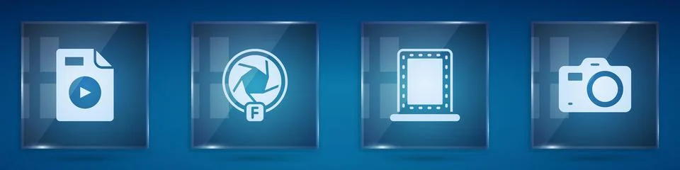 Set AVI file document, Camera shutter, Makeup mirror with lights and Photo ca Stock Illustration