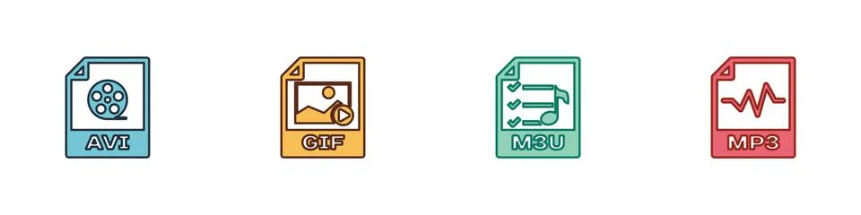 Set AVI file document, GIF, M3U and MP3 icon. Vector 库存插图