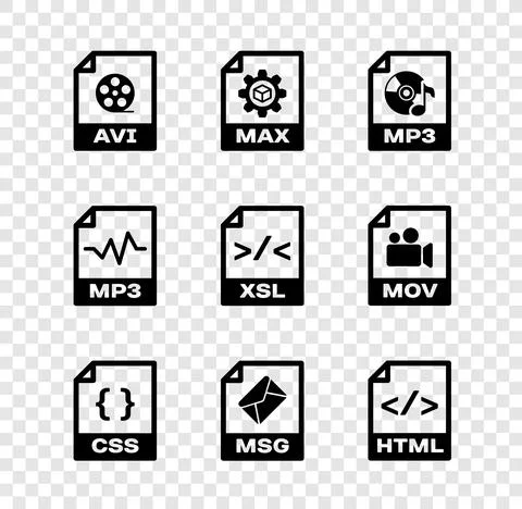 Set AVI file document, MAX, MP3, CSS, MSG and HTML icon. Vector 库存插图