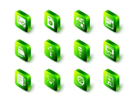 Set AVI file document, Movie clapper, Histogram graph photography, Video Stock Illustration