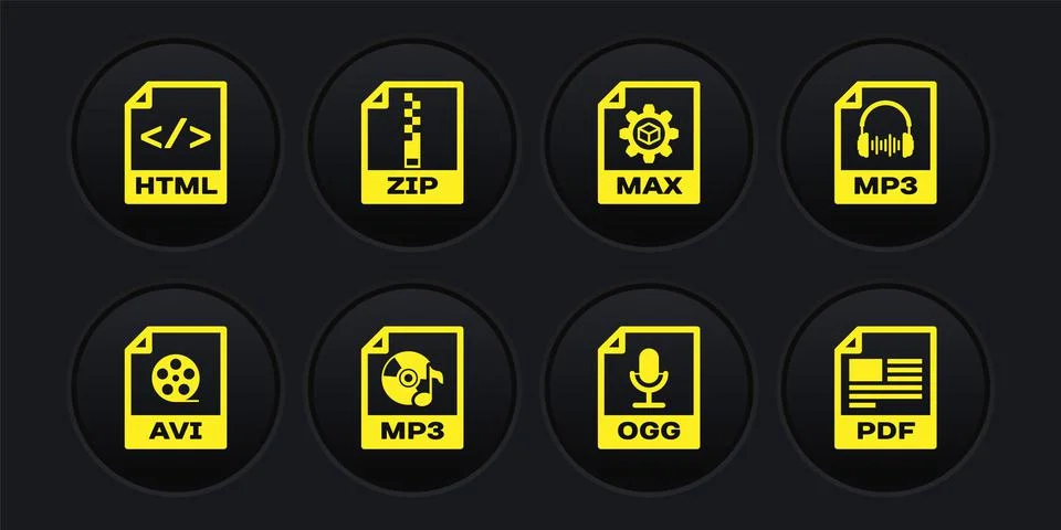 Set AVI file document, MP3, , OGG, MAX and ZIP icon. Vector Illustrazione stock