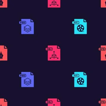 Set AVI file document, PSD, OBJ and EPS on seamless pattern. Vector Illustrazione stock