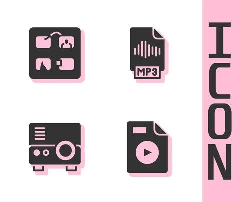 Set AVI file document, Storyboard, Media projector and MP3 icon. Vector イラスト素材