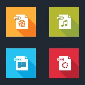 Set AVI file document, WAV, PDF and RAW icon. Vector 스톡 일러스트