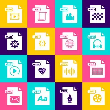Set AVI file document, XLS, MP3, MOV, JS, MAX, MP4 and HTML icon. Vector Stock Illustration
