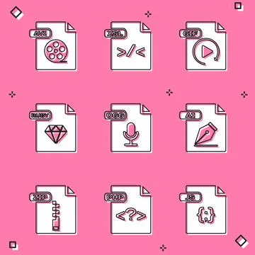 Set AVI file document, XSL, GIF, RUBY, OGG, AI, ZIP and PHP icon. Vector 库存插图