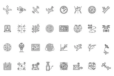 Set of aviation and drone technology line icons Stock Illustration