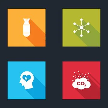 Set Aviation bomb, Network, Head with heartbeat and CO2 emissions in cloud icon Illustrazione stock