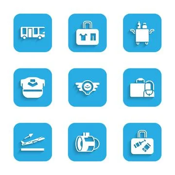 Set Aviation emblem, Jet engine turbine, Suitcase, Plane takeoff, Pilot hat Stock Illustration