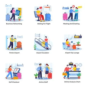 Set of Aviation Flat Illustrations Stock Illustration