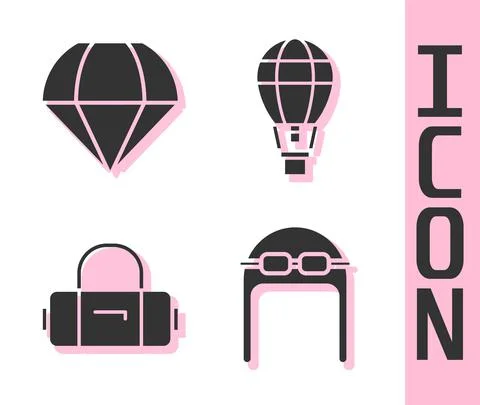 Set Aviator hat with goggles, Parachute, Suitcase and Hot air balloon icon Stock Illustration