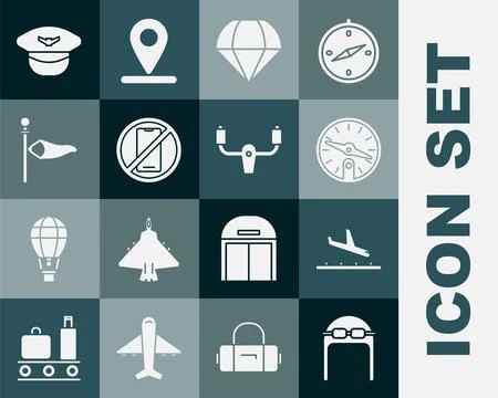 Set Aviator hat with goggles, Plane landing, Compass, Parachute, No cell phone イラスト素材