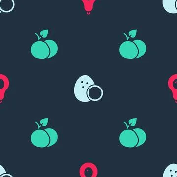 Set Avocado, Coconut and Mango fruit on seamless pattern. Vector Illustrazione stock