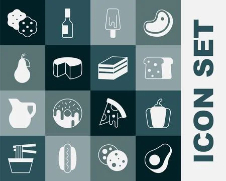 Set Avocado fruit, Bell pepper, Bread toast, Ice cream, Cheese, Pear, Cracker Stock-Illustration