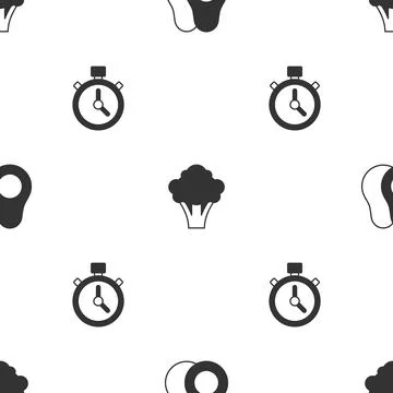 Set Avocado fruit, Broccoli and Stopwatch on seamless pattern. Vector Stock Illustration