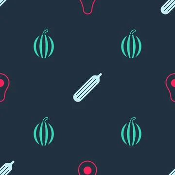 Set Avocado fruit, Fresh cucumber and Watermelon on seamless pattern. Vector Stock Illustration