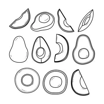 Set of avocado fruit kit doodle coloring book outline icon collection with .. Stock Illustration