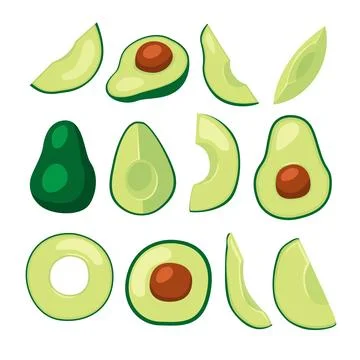 Set of avocado fruit kit icon collection with whole apple, stack, half and .. Stock Illustration