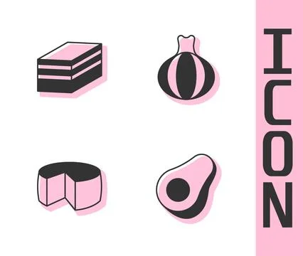 Set Avocado fruit, Piece of cake, Cheese and Onion icon. Vector Stock Illustration