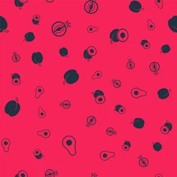 Set Avocado fruit, Tomato, Plum and on seamless pattern. Vector Illustrazione stock