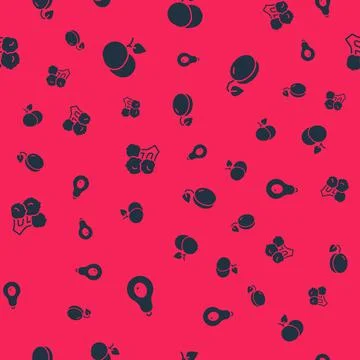 Set Avocado, Mango fruit, Broccoli and Plum on seamless pattern. Vector Stock Illustration