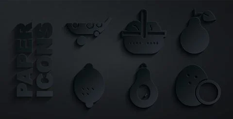 Set Avocado, Pear, Lemon, Coconut, Basket and food and Peas icon. Vector Stock-Illustration