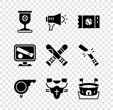 Set Award cup with baseball ball, Megaphone, Baseball ticket, Whistle, Play.. Stock Illustration