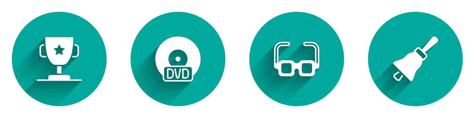 Set Award cup, CD or DVD disk, Glasses and Ringing bell icon with long shadow Stock Illustration