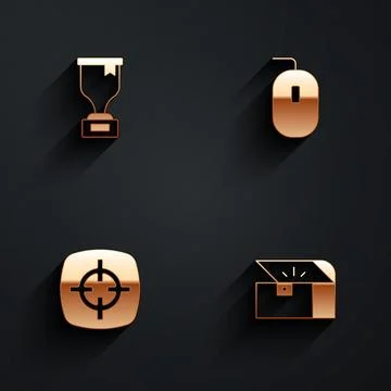 Set Award cup, Computer mouse, Target sport and Chest for game icon with long Stock Illustration