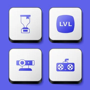 Set Award cup, Level game, Web camera and Game controller or joystick icon. W Stock Illustration