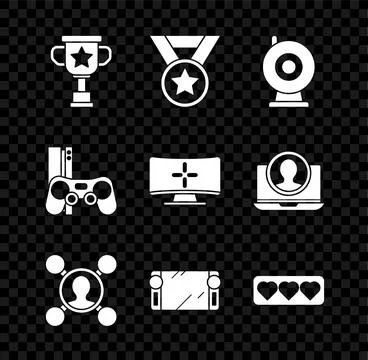 Set Award cup, Medal, Web camera, Share, Portable video game console, Like .. Stock Illustration