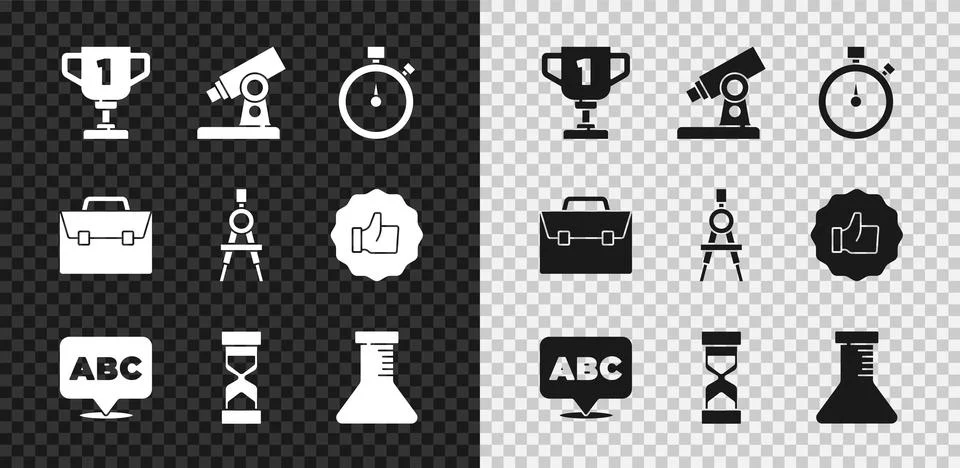 Set Award cup, Microscope, Stopwatch, Alphabet, Old hourglass with sand, Test Illustrazione stock