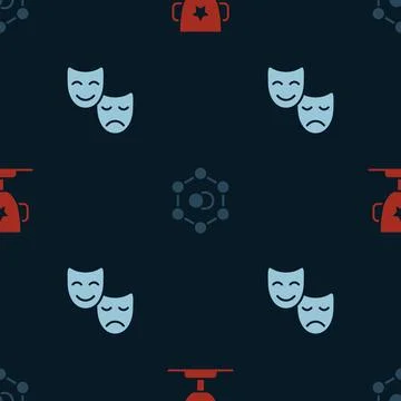 Set Award cup, Molecule and Comedy and tragedy masks on seamless pattern. Vector Illustrazione stock