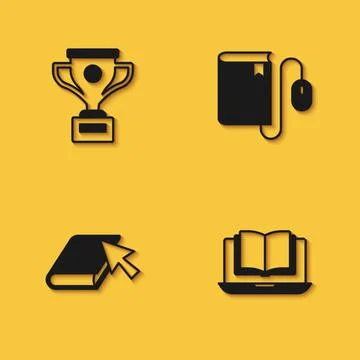 Set Award cup, Online class, book and Electronic with mouse icon with long Stock Illustration