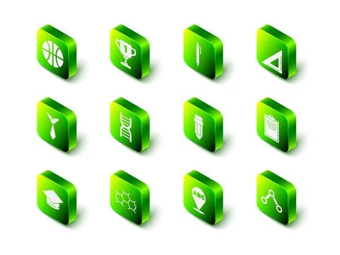 Set Award cup, Pen, Triangular ruler, Clipboard with checklist, Molecule, Pencil Illustrazione stock