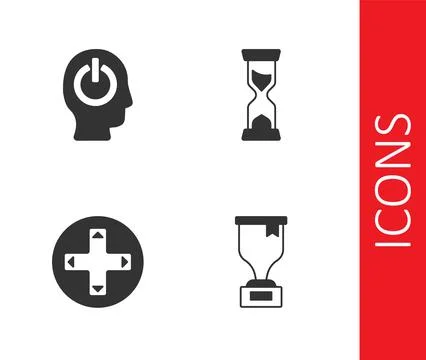 Set Award cup, Power button, Game controller or joystick and Old hourglass icon Stock Illustration