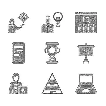 Set Award cup, Pyramid chart infographics, Laptop, Chalkboard, Businessman,.. Stock Illustration