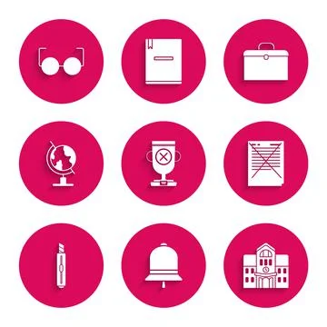 Set Award cup, Ringing bell, School building, Exam paper with incorrect answers Ilustración de archivo