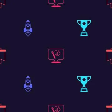 Set Award cup, Rocket ship, Flag and on seamless pattern. Vector Stock Illustration